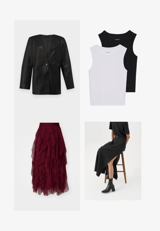 Selected Femme SLFAMALIA - Lederjacke - black; Zwei ärmellose Oberteile in Schwarz und Weiß, aus geripptem Baumwollstoff, mit runden Ausschnitten und einem taillierten Design. Etiketten auf beiden sichtbar.; Burgunder Tüllrock mit mehreren geschichteten Rüschen, einem breiten Taillenbund und einer fließenden Silhouette. Leichter, strukturierter Stoff verbessert die Bewegungsfreiheit.; Schwarzer Leinen-Maxi-Rock mit hohem Schlitz, getragen mit einem schwarzen T-Shirt und schwarzen Knöchelstiefeln. Minimalistisches Design mit lockerer Passform.