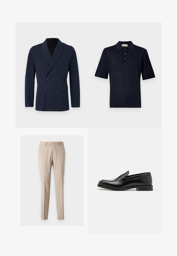 Dvojřadý navy blazer z texturované látky, který má dvě přední kapsy, klopové límce a dekorační knoflíky na přední straně.; Námořnická modrá polo košile vyrobená z měkké tkaniny, s klasickým límečkem, třemi knoflíky a krátkými rukávy. Hladká textura, minimalistický design.; Béžové zúžené kalhoty vyrobené z lehké tkaniny, s předními sklady, dvěma bočními kapsami a hladkým povrchem.; Černé kožené polobotky s hladkou texturou, zaoblenou špičkou a zdobným páskem přes nárt. Nízký stohovaný podpatek, minimalistický design.