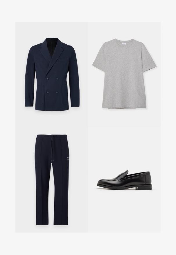 Dubbelknäppt marinblå blazer i texturerad tyg, med två framfickor, slagkragar och dekorativa knappar på framsidan.; Grå t-shirt med kort ärm gjord av mjukt, texturerat tyg. Har en klassisk rund halsringning och en rak nederkant, lämplig för avslappnad klädsel.; Marina byxor med avslappnad passform, featuring en dragsko i midjan och sidofickor. Slät tyg med subtila frontveck och logodetalj.; Svarta läderloafers med en slät yta, rund tå och ett dekorativt band över främre delen. Låg staplad klack, minimalistisk design.