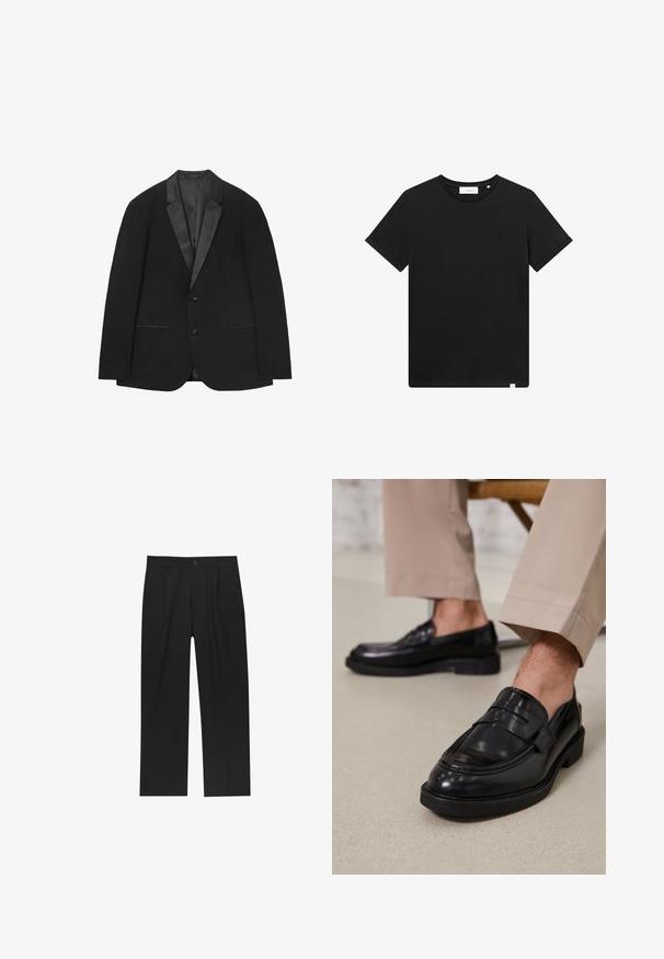 Giacca da smoking nera con rever in satin, due bottoni e tre tasche a fessura, esposta su uno sfondo bianco.; T-shirt nera a maniche corte in cotone, con scollatura rotonda e un piccolo logo ricamato sul petto. Tessuto liscio, vestibilità standard.; Pantaloni neri con un design a gamba dritta, realizzati in un tessuto liscio. Presentano pieghe frontali e una chiusura a un bottone in vita.; Mocassini in pelle nera con finitura liscia, dotati di una cintura decorativa e cuciture a contrasto, abbinati a pantaloni beige.