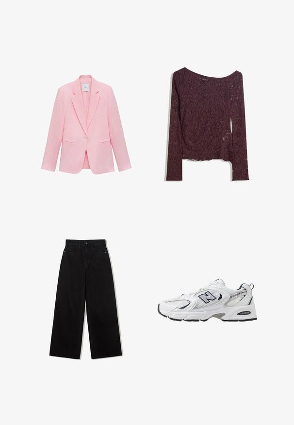 Rosa kavaj med slagkrage, enkel knäppning och två framfickor. Tillverkad av lättviktig tyg med en slät yta.; Spetsblus med långa ärmar i djup bordeaux, med en off-shoulder design, blommönster och en något genomskinlig textur med en rak nederkant.; Svarta vida jeans av denim med hög midja, med en femficksdesign och en enkel knappstängning framtill.; Vit sportskor med överdel i mesh, marinblå accenter och dämpad sula. Har "N"-logotyp, snörning och texturerad detalj på sidan.