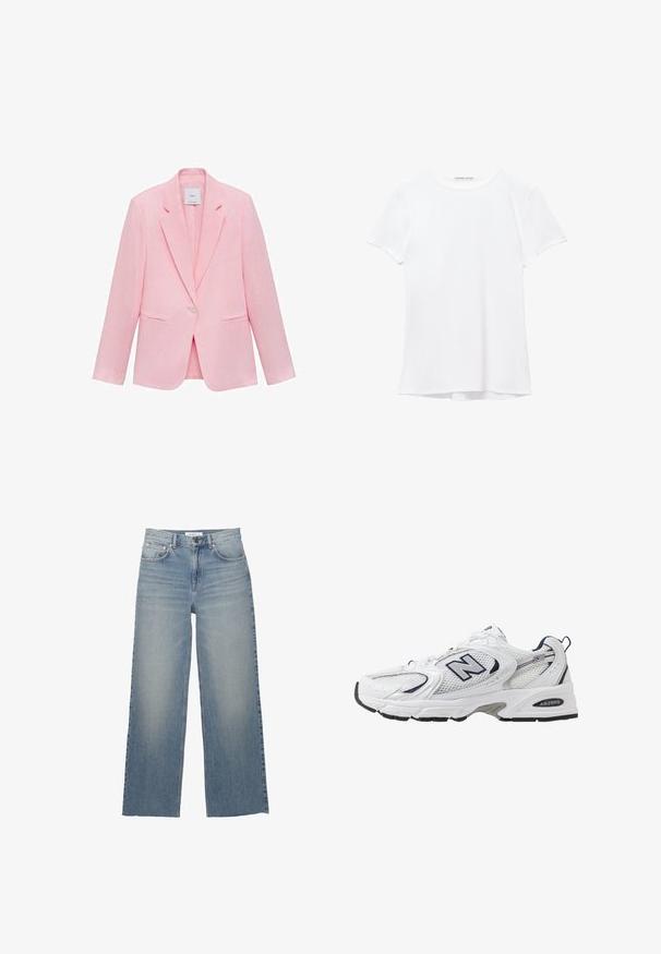Różowa marynarka z klapami, zapinana na jeden guzik, z dwoma przednimi kieszeniami. Wykonana z lekkiego materiału o gładkiej fakturze.; Biały krótki rękaw t-shirt wykonany z gładkiego materiału, z okrągłym dekoltem i subtelnymi detalami szycia na dole.; Jasnoniebieskie jeansy o szerokich nogawkach, wykonane z dżinsu, z wysokim stanem, kieszeniami z przodu i zapięciem na guzik. Gładka tekstura z wyblakłymi miejscami.; Białe sportowe buty z siateczkową cholewką, granatowymi akcentami i wyściełaną podeszwą. Posiadają logo "N", sznurówki oraz teksturowany detal po boku.