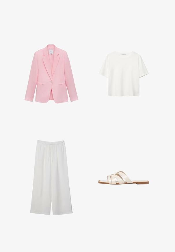 Rosa kavaj med slagkrage, enkel knäppning och två framfickor. Tillverkad av lättviktig tyg med en slät yta.; Vit t-shirt med kort ärm i bomull. Har en rundad halsringning och en avslappnad passform. Slät textur utan synliga mönster eller detaljer.; Vita vida byxor i lätt tyg med elastisk midja och dragsko för justerbar passform. Mjuk textur.; Platta sandaler med en brun gummisula, designade med tre överlappande vita läderspännen och en liten rosett i mitten.