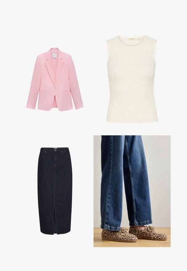 Rosa Blazer mit Reverskragen, einem einzelnen Knopfverschluss und zwei vorderen Taschen. Hergestellt aus leichtem Stoff mit glatter Textur.; Ärmelloses Oberteil aus weißer Spitzenware mit einem strukturierten Blumenmuster. Figurbetontes Design, runder Ausschnitt und glatte Saumkanten.; Dunkelblaue Jeansmaxikleid mit einem Frontschlitz. Mit orangefarbener Ziernaht und klassischem Fünf-Taschen-Design. Knopfverschluss an der Taille.; Leopardenmuster-Loafers aus Wildleder, mit abgerundetem Zehenbereich, Schnürdesign und flachen, flexiblen Sohlen, kombiniert mit blauen Jeans.