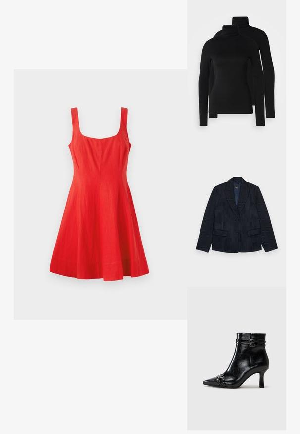 Sötétkék csíkozott blézer, amelynek klasszikus reppelhető gallérja van, két elülső zsebe és egy gombos zárása. Simított anyag finom szabással.; Fekete, hosszú ujjú garbók, sima, rugalmas anyagból. Feszülő ujjak és klasszikus, magas gallér jellemzi. Két darab található.; Piros len anyagú, ujjatlan ruha, négyzet alakú dekoltázzsal, testhez simuló fels résszel és bővülő szoknyával. Simogató textúra, minimalista dizájn, látható részletek nélkül.; Tamaris Telitalpú bokacsizmák - black