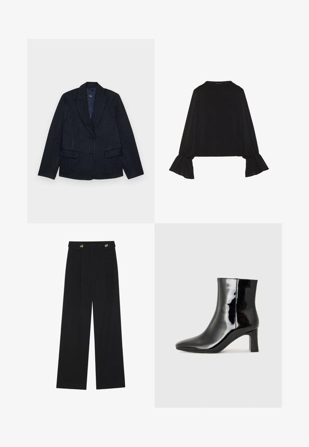 Granatowa marynarka w prążki z klapami, dwoma przednimi kieszeniami i jednoprzyciskowym zapięciem. Gładki materiał z dopasowanym krojem.; Czarny top z długim rękawem, z rozkloszowanymi mankietami, miękką fakturą i luźnym krojem, z prostym okrągłym dekoltem.; Czarne szerokie spodnie z wysokim stanem, z detalami w postaci guzików na pasku oraz plisami z przodu.; Czarne lakierowane botki za kostkę z wysmukłym noskiem i średniej wysokości obcasem w kształcie słupka. Gładka tekstura i minimalistyczny design.