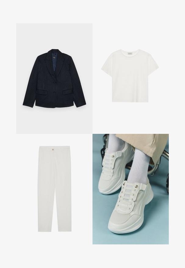 Marineblå blazer med striper, hentet fra notched lapel, to frontlommer og en enkelt knappelukking. Glatt stoff med en tilpasset passform.; Hvit T-skjorte med kort erm laget av myk bomull. Har rund hals og avslappet passform. Rent design uten synlige mønstre eller aksenter.; Hvite, skreddersydde bukser med rette ben, med knapplukking, beltehemper og sidelommer; glatt tekstur.; Hvite sneakers med mesh-materiale, gummisåle, snøret design uten laces og elastiske bånd, samt gulltone detaljer.