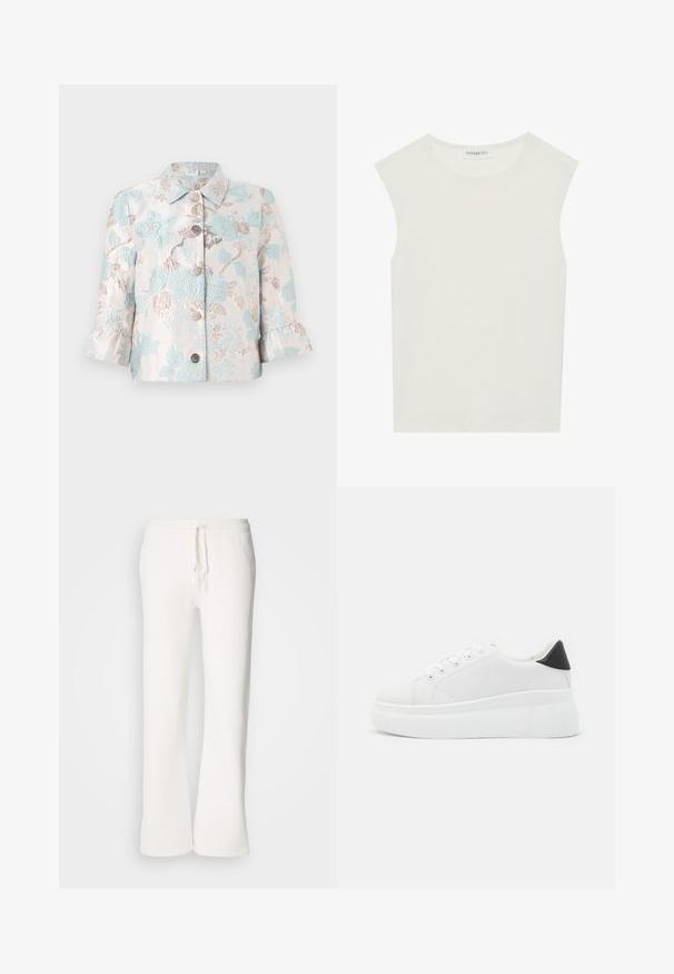 Női bézs színű cropped dzseki világoskék és fényes virágmintás brokát anyagból, fodros 3/4-es ujjakkal és öt díszgombbal elöl.; Fehér ujjatlan felső, kerek nyakkivágással. Simább anyagból készült, laza fazonnal és minimalista kialakítással rendelkezik. Nincsenek minták vagy díszítések.; Fehér, laza szabású melegítőnadrág, puha anyagból készült, rugalmas derékkal és zsinórral, egyenes szárú kialakítással.; Fehér platform sportcipők sima szintetikus anyagból, lekerekített orral, fűzős kialakítással és texturált gumitalppal. Fekete sarokdísz.