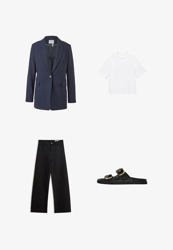 Morski sako od glatkog materijala, s reverom, jednim dugmetom za zatvaranje i dva prednja džepa. Prilagođen kroj s dugim rukavima.; Bijela pamučna majica kratkih rukava s okruglim izrezom. Jednostavan dizajn, slobodan kroj, glatka tekstura. Nema vidljivih uzoraka ili akcenta.; Crne široke traperice s visokim strukom, s prednjim i stražnjim džepovima, šivenim šavovima i kopčanjem na gumb. Glatka tekstura.; Crne sandale na klizanje s dva zlatna akcenta u obliku kopči, glatkog teksturiranog materijala, ravnim potplatom i minimalističkim dizajnom.