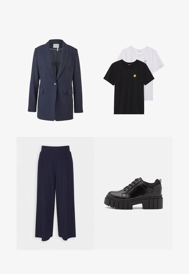 Námornícky blejzer vyrobený z hladkej látky, so zárezovým golierom, uzatváraním na jeden gombík a dvoma prednými vreckami. Strihovaný strih s dlhými rukávmi.; Čierne a biele tričká, okrúhly výstrih, krátke rukávy. Čierne tričko má žltú výšivku slnka; biele má fialový mesiac ako akcent.; Široké nohavice z tmavomodrej látky s ribbovanou textúrou. Obsahujú hladký pás a voľný siluetu, s dĺžkou po stred lýtok.; Čierne kožené platformy s masívnym blokovým podpätkom, okrúhlou špičkou a tradičným šnurovaním. Má hladký povrch a minimálne detaily.