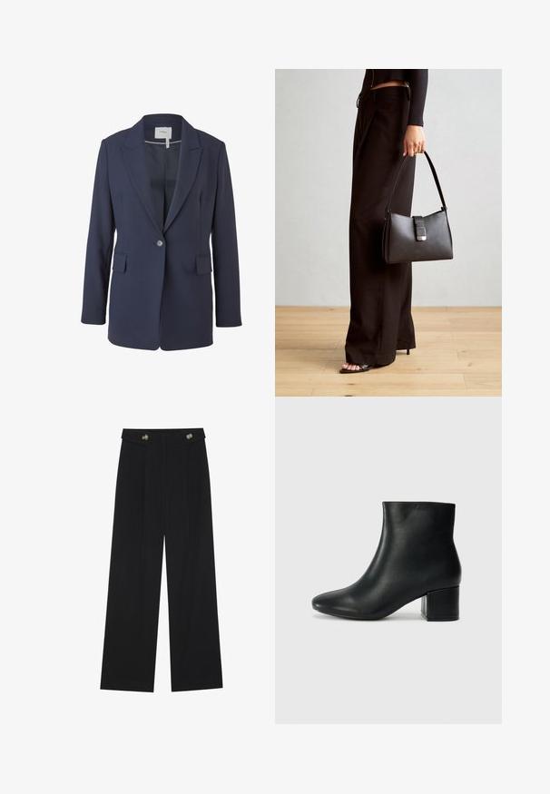 Jūras spēku žakete, kas izgatavota no gludas auduma, ar iegriezumu pie apkakles, vienu pogu slēgšanu un divām priekšējām kabatām. Pielāgots piegriezums ar garām piedurknēm.; Melna garām piedurknēm krekls ar izplestu aproču, maigu tekstūru un brīvu piegriezumu, ar vienkāršu apaļu dekoltē.; Melnas platās bikses ar augstu jostasvietu, pogu detaļām uz jostas un priekšējām krokām.; Melna ādas potīšu zābaki ar smailu purngalu un masīlu papēdi. Gluda tekstūra ar minimāliem akcentiem un gludu, pieguļošu dizainu.; Melnā somiņa ar strukturētu formu, gludu tekstūru un metālu sprādzi. Saskaņota ar platām melnām biksēm un sandālēm ar atvērtu purngalu uz koka grīdas.