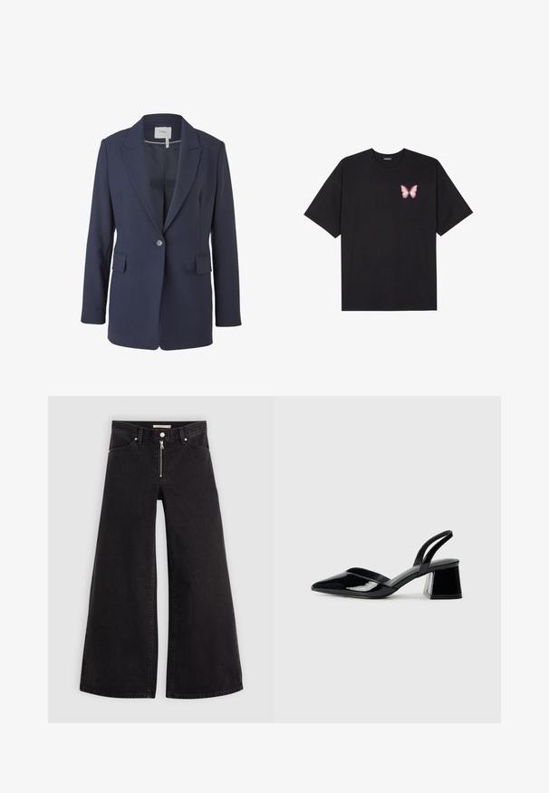 Marineblazer van gladde stof, voorzien van een notch-lapel, enkele knoopsluiting en twee voorkeurszakken. Getailleerde pasvorm met lange mouwen.; Zwarte katoenen t-shirt met korte mouwen, voorzien van een kleine roze vlinder graphic op de linkerkant van de borst. Crew neck ontwerp met een relaxte fit.; Wijdvallende jeans van zwarte denim met een ritssluiting aan de voorkant, vijf zakken en subtiele stikdetails. Soepele textuur en casual stijl.; Zwarte gepatineerde leren slingback hakken met een spitse neus en een geometrische blokhak. Kenmerkt zich door een slank, minimalistisch ontwerp en een gladde textuur.