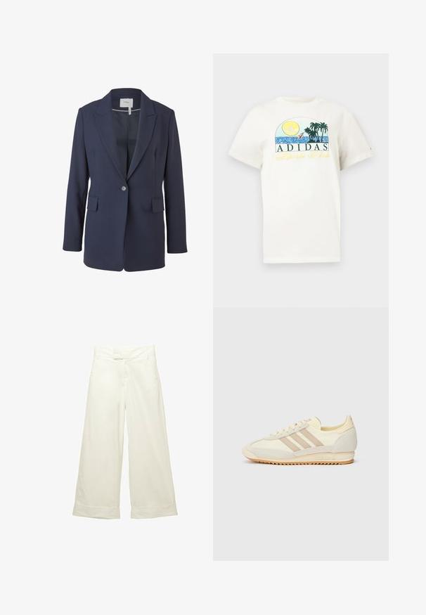 Marineblazer van gladde stof, voorzien van een notch-lapel, enkele knoopsluiting en twee voorkeurszakken. Getailleerde pasvorm met lange mouwen.; Witte katoenen t-shirt met een grafisch ontwerp van een zon, palmbomen en water. "ADIDAS Sports Club" gedrukt in groen en geel.; Wijdvallende broek van zacht, crèmekleurig materiaal. Heeft een vlakke tailleband en opgerolde manchetten. Fijne textuur met een strakke, minimalistische uitstraling.; Crème sport sneaker met drie beige strepen, suède en textielmaterialen, een gestructureerde zool en geperst logo op de hiel.