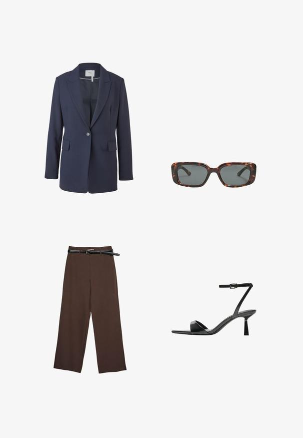 Merihenkinen bleiseri, joka on valmistettu sileästä kankaasta, jossa on lovetut liepeet, yksittäinen nappisuljenta ja kaksi etutaskua. Hienosti muotoiltu istuvuus pitkillä hihoilla.; Valkoinen lyhythihainen T-paita, joka on tehty puuvillasta. Siinä on pyöreä kaula-aukko ja rento malli. Silkkinen pinta ilman näkyviä kuvioita tai koristeita.; Ruskeat leveälahkeiset housut, joissa on sileä pinta, musta vyö ja muotoiltu vyötärö, tarjoavat rakenteellisen istuvuuden.; Bershka Korolliset sandaalit - black; Silmälasit pähkinäkuoresta, joissa on suorakulmaiset linssit, paksut kehykset ja tummennetut linssit. Sileä pinta ja minimalistinen muotoilu.