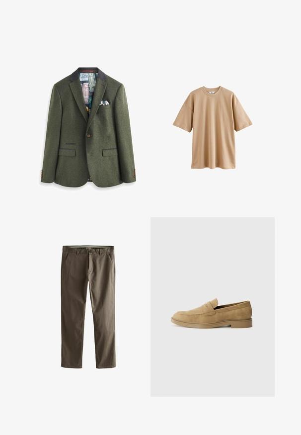 Zöld gyapjú blézer, kivágott gallérral, barna gombzárral és két elülső zsebből áll. A bélés mintás, zsebkendővel ellátva.; Rövid ujjú bézs póló, pamutból készült, kerek nyakkal és laza szabással. Simább textúrával rendelkezik, minta vagy díszítés nélkül.; Barna pamut chinos nadrág egyenes láb kialakítással, elülső zsebekkel és gombos zárással. Simasága és letisztult vonalai jellemzik.; Barna suede loafer cipők lekerekített orral, alacsony blokksarkú, és varrott részletezéssel a felső részen. Simító textúra és minimalista kialakítás.