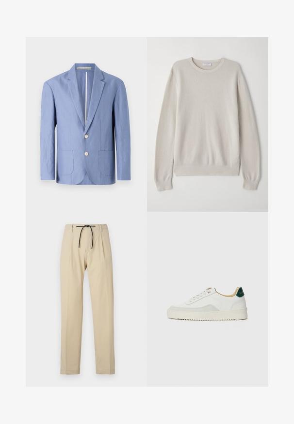 Lichtblauwe blazer van lichtgewicht stof, met een enkelvoudige ontwerp, twee frontzakken en ronde houten knopen.; Lichtbeige trui van zacht breiwerk. Ronde halslijn, lange mouwen, ribgebreide manchetten en zoom met subtiele textuurdetails.; Beige broek met een rechte pasvorm, voorzien van een verstelbare tailleband, geplooide voorkant en een soepele textuur. Eenvoudig, veelzijdig ontwerp.; Witte sneaker met suède accenten, ronde neus, platte veters en een crème rubberen zool. Bevat groene branding op de hiel.