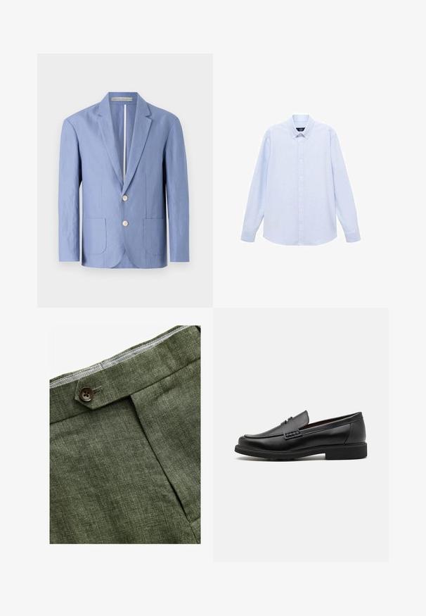 Blazer azzurro chiaro realizzato in tessuto leggero, caratterizzato da un design a un petto, due tasche frontali e bottoni rotondi in legno.; Camicia azzurra a maniche lunghe con colletto classico, orlo dritto e una trama sottile. Presenta una chiusura centrale con bottoni.; Pantaloni in lino verde oliva con piega frontale, dotati di chiusura con bottone e una fodera a quadretti a contrasto nella cintura.; Mocassini sintetici neri con una spessa cucitura frontale, soletta imbottita e suola piatta in gomma; design elegante con dettagli minimi.