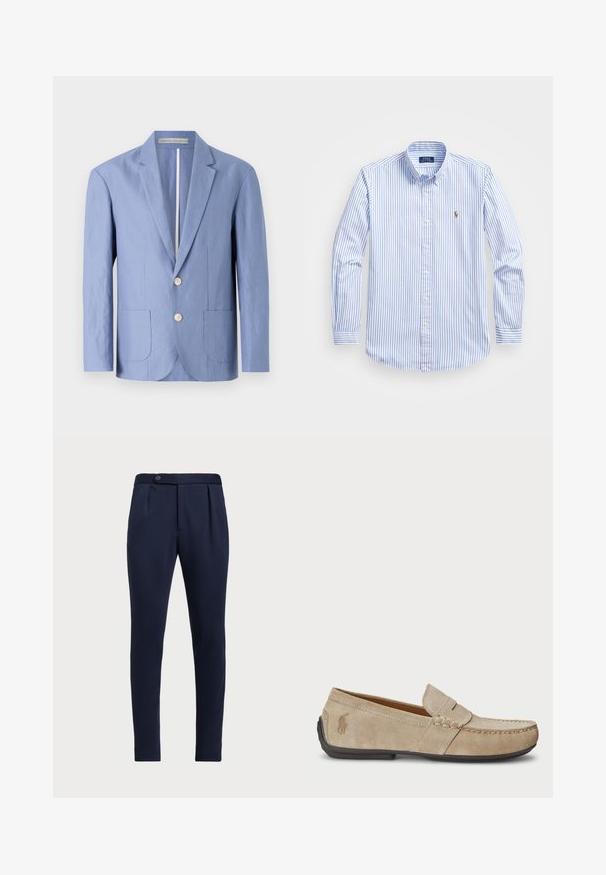 Blazer azzurro chiaro realizzato in tessuto leggero, caratterizzato da un design a un petto, due tasche frontali e bottoni rotondi in legno.; Camicia azzurra chiaro e bianca a righe, con colletto classico, maniche lunghe e un piccolo logo ricamato sul petto.; Pantaloni eleganti blu navy con fronte piatto, due pince anteriori e chiusura con un bottone, realizzati in un tessuto liscio e con una texture.; Mocassini in suede beige con dettaglio cucito, suola piatta in gomma e piccolo logo sul lato. Design classico slip-on, texture morbida.