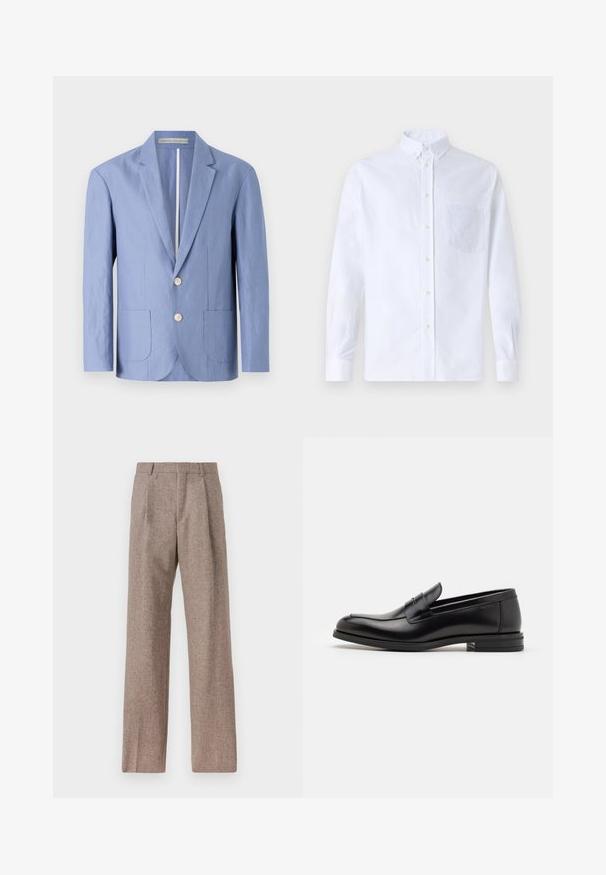 Šviesiai mėlynas bleiseris, pagamintas iš lengvo audinio, pasižymintis vieno užsegimo dizainu, dviem priekinėmis kišenėmis ir apvaliais mediniais mygtukais.; Balta ilga rankovė mygtukų marškiniai, pagaminti iš medvilnės, su krūtine kišene ir toniniu siuvinėjimu, apykakle ir mygtukų apvadu.; Rudos, aukšto liemens kelnes, pagamintas iš tekstūruotos medžiagos. Plati kojos, dvi priekinės klostės struktūrai. Tvarkingas apdailos darbai, be matomų detalių.; Juodos odinės loafers, turinčios lygų paviršių, apvalią noselę ir dekoratyvinę juostą per priekinę dalį. Žemas krentantis kulnas, minimalistinis dizainas.