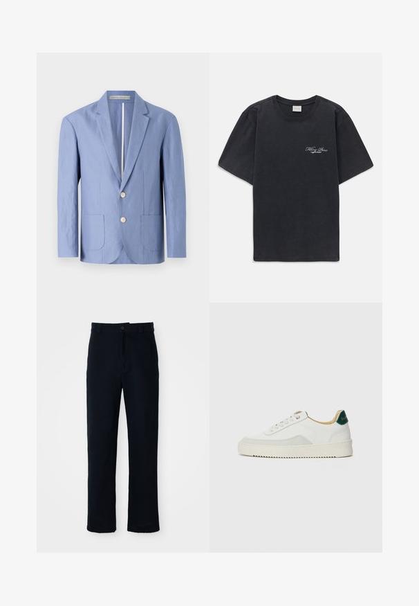 Világoskék zakó, könnyű anyagból készült, egysoros fazonnal, két elülső zsebbel és kerek fa gombokkal.; Fekete, rövid ujjú, kerek nyakú póló, bal mellen kis fehér "Filling Pieces" szöveges logóval.; Sötétkék pamut nadrág, egyenes szárú fazonnal, elülső gombos záródással és klasszikus derékkal, övhurkokkal.; Fehér sneaker suédé részletekkel, kerek orral, lapos fűzőkkel és krémszínű gumitalppal. Zöld logó található a sarkán.