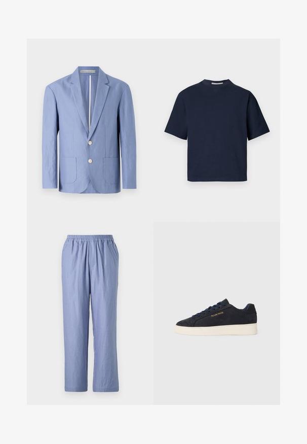 Svijetloplava sakoa izrađena od lagane tkanine, s jednostranim dizajnom, dva prednja džepa i okruglim drvenim gumbima.; Tamnoplava kratka majica s kratkim rukavima i V-izrezom, izrađena od mekog materijala, s opuštenim krojem i minimalističkim dizajnom, bez vidljivih uzoraka ili dodataka.; Svijetloplave hlače širokog kroja s elastičnom trakom u struku, dva bočna džepa i ravne nogavice. Izrađene su od meke tkanine s glatkom teksturom.; Navy plave sačmene niske tenisice s bijelim potplatom, mornarskim vezicama i "Filling Pieces" logotipom u zlatnoj boji sa strane.