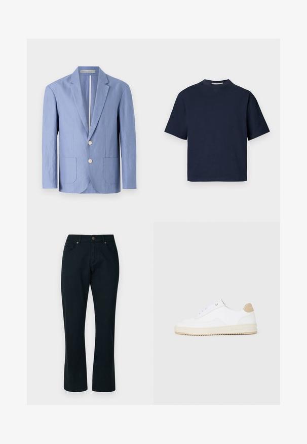 Lichtblauwe blazer van lichtgewicht stof, met een enkelvoudige ontwerp, twee frontzakken en ronde houten knopen.; Marineblauw korte mouwen t-shirt met een V-hals, gemaakt van zacht materiaal, met een ontspannen pasvorm en minimalistisch ontwerp, zonder zichtbare patronen of hardware.; Zwarte jeans met een rechte pijpontwerp, gemaakt van denim stof. Bevat vijf zakken, een metalen knoop en contrasterende stiksels.; Witte lage sneakers van textuurleer met een romige, ribbelige zool en een tankleurige hakaccent. Voorzien van witte veters en logodetail op de hak.