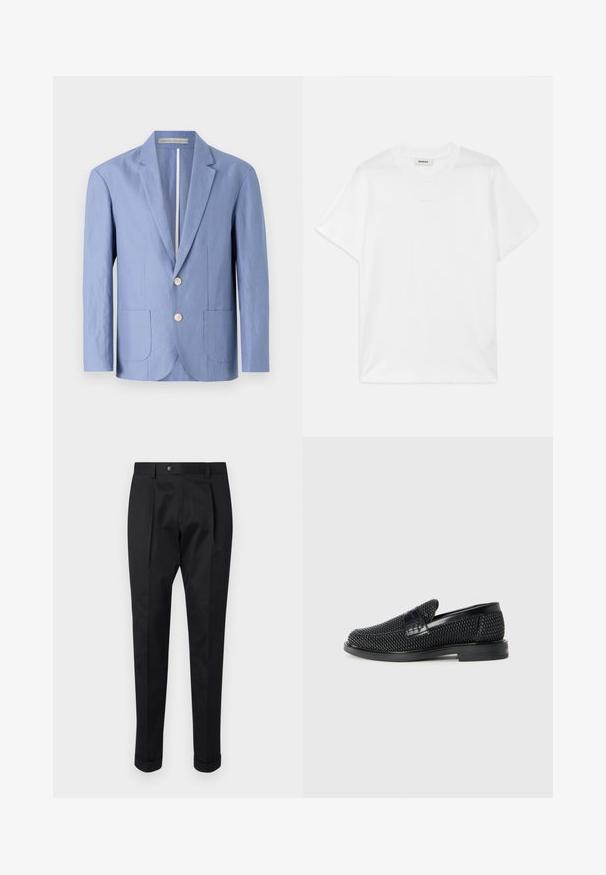 Gaiši zils žakets, kas izgatavots no viegla auduma, ar vienvirsmas dizainu, divām priekšējām kabatām un apaļiem koka pogām.; Balts kokvilnas T-kreklis ar apaļu kaklu, īsām piedurknēm un diskrētu logo, kas izdrukāts priekšpusē. Gluda tekstūra un vienkāršs dizains.; Melni bikses, izgatavotas no gludas auduma, ar uzkāpes priekšpusē, pogu aizdari un velkot piegriezumu pie potītes.; Melnas austas slaidu kurpes ar gludu ādas akcentu augšpusē, apaļas formas purngalu un zemas profila gumijas zoli.