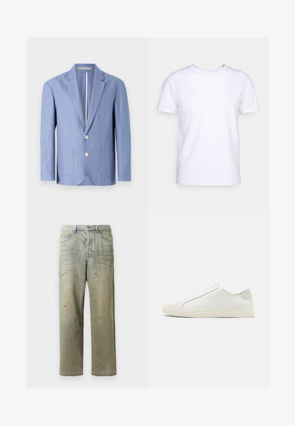 Blazer azzurro chiaro realizzato in tessuto leggero, caratterizzato da un design a un petto, due tasche frontali e bottoni rotondi in legno.; T-shirt bianca a maniche corte in cotone con scollatura rotonda. Design semplice senza fantasie o accenti. Texture liscia.; Jeans in denim strappato di colore verde chiaro, con gamba dritta, design a cinque tasche, sbiaditure irregolari e schizzi di vernice.; Sneaker bianca in pelle con superficie liscia, punta rotonda e design minimalista. Presenta dettagli beige sul tallone e una suola in gomma.