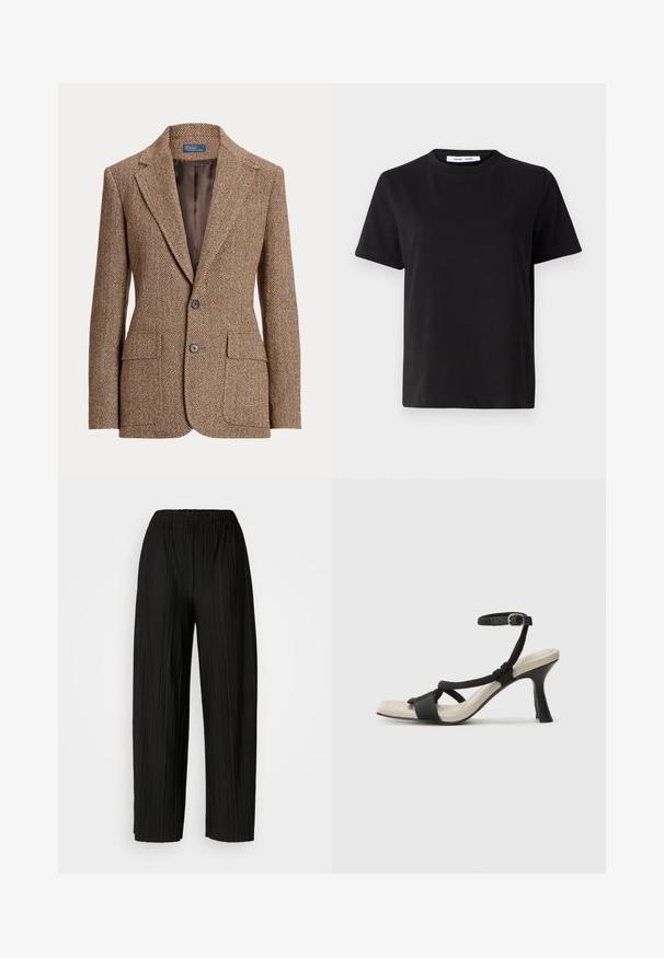 Blazer de lã castanha em padrão espinha de peixe, com lapelas recortadas, dois bolsos frontais com aba, dois botões e forro interior castanho suave.; T-shirt preto de manga curta feito de algodão suave, com decote redondo, ajuste descontraído e uma textura suave. Sem padrões ou gráficos visíveis.; Calças largas de pregas pretas com uma cintura elástica. O tecido apresenta pregas verticais e uma textura suave.; Sandal com salto alto preto e design de tiras trançadas, bico quadrado e tira de tornozelo ajustável. Sola em tom bege claro com um salto preto brilhante.