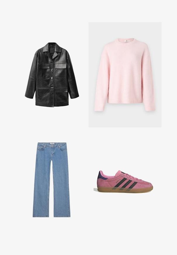 Sort læderjakke med lige pasform, store forlommer og knaplukninger. Har en klassisk krave og glat tekstur.; Gina Tricot CREW NECK - Striktrøje - primrose pink; Hvid kortærmet t-shirt lavet af bomuld. Har en rund halsudskæring og en afslappet pasform. Glat tekstur uden synlige mønstre eller detaljer.; Lyseblå vidbenede jeans lavet af denim, med fem lomme-design, knaplukning og syninger langs sømmene og kanterne.; Lyserøde ruskinds sneakers med sorte striber, gummisål og struktureret lilla hæl. Har snøredesign og præget branding på siden.