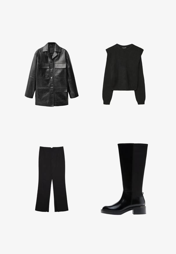 Crna kožna jakna ravnog kroja, s velikim prednjim džepovima i zakopčavanjem na tipke. Ima klasični ovratnik i glatku teksturu.; Crna pletena dugoslojna majica sa podloženim ramenima i rebrastim manžetama i rubom, prikazana na bijeloj pozadini.; Crne hlače ravnog kroja, s prednjim džepovima i bočnim prorezima na rubu. Izrađene od mekog i glatkog materijala. Pogodne za razne prigode.; Crna čizma do koljena s glatkom kožnom završnom obradom, istaknutim šavovima, masivnom petom i teksturiranim stražnjim panelom za dodatni interes.