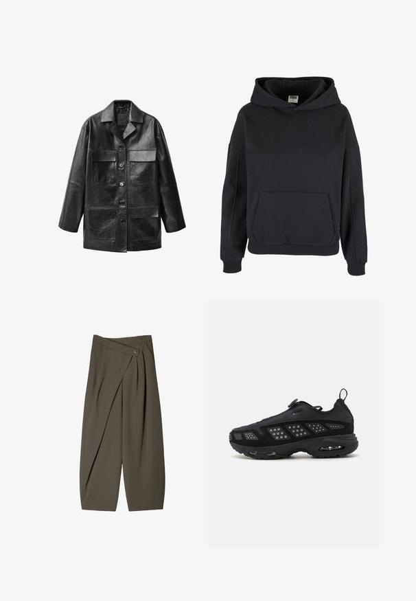 Zwarte leren jasje met een rechte snit, grote voorkruiszakken en knoopsluitingen. Voorzien van een klassieke kraag en een gladde textuur.; Zwarte katoenen hoodie met een ruime kangoeroezak, grote capuchon, geribde manchetten en zoom. Eenvoudig ontwerp om over te trekken zonder zichtbare patronen.; Ruime broek in donkergroen stof, met een geplooide voorkant, een knoopsluiting en een gepolijste, gestructureerde afwerking.; Zwarte sportschoen met een gevoerde zool, bovenwerk van mesh en textuuraccenten. Inclusief een trekstaaf en ronde sluiting bovenop.