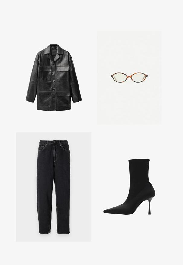 Crna kožna jakna ravnog kroja, s velikim prednjim džepovima i zakopčavanjem na tipke. Ima klasični ovratnik i glatku teksturu.; Bijela majica kratkih rukava od pamuka. Ima okrugli izrez i opušteni kroj. Glatka tekstura bez vidljivih uzoraka ili naglasaka.; American Vintage YOPDAY - Traperice opuštenog kroja - black vintage; Crna gležnjača s uskim vrhom, rastezljivim tekstilnim gornjim dijelom i elegantnom visokim stiletto potplatom. Gladak teksturiran izgled s minimalističkim dizajnom.; Naočale u boji kornjače s ovalnim staklima i elegantnim, glatkim završetkom. Imaju tanke strane s suptilnom krivuljom na sljepoočnicama. Prozirna stakla.