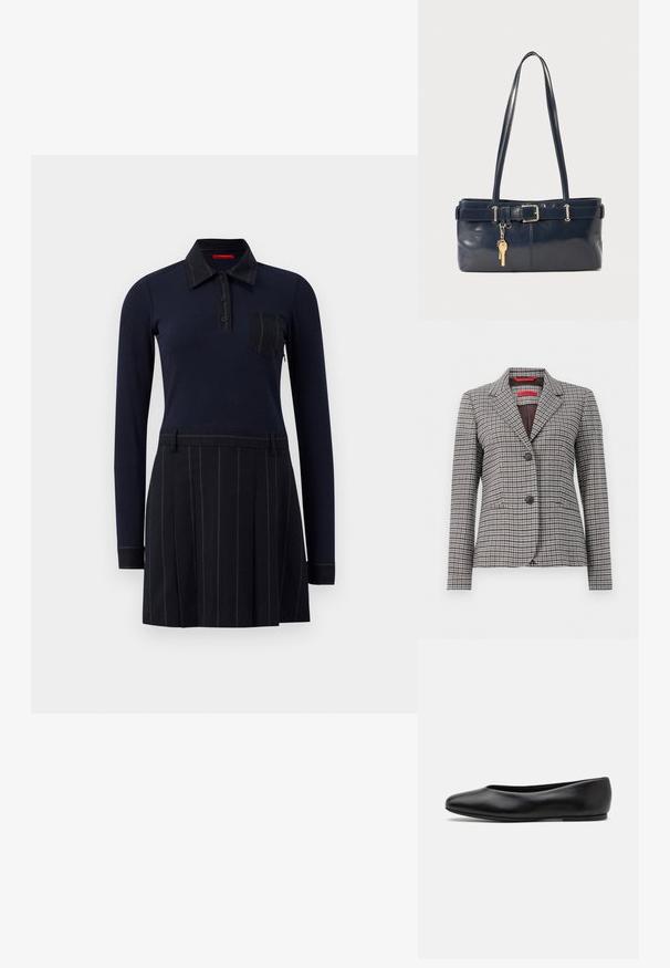 Brun og grå ternet blazer lavet af struktureret stof, med en notched krave, to-knaps lukning og to forlommer.; Marineblå polo kjole med lange ærmer, ribbet tekstur, knaplukning og en brystlomme; nederdelen har lodrette striber og plisseringer.; Paul Smith TOPANGA - Ballerinasko - black; Mørkeblå læderhåndtaske med to lange håndtag, en spænde detaljer og en nøglering vedhæftet. Den har en glat tekstur og en rektangulær form.