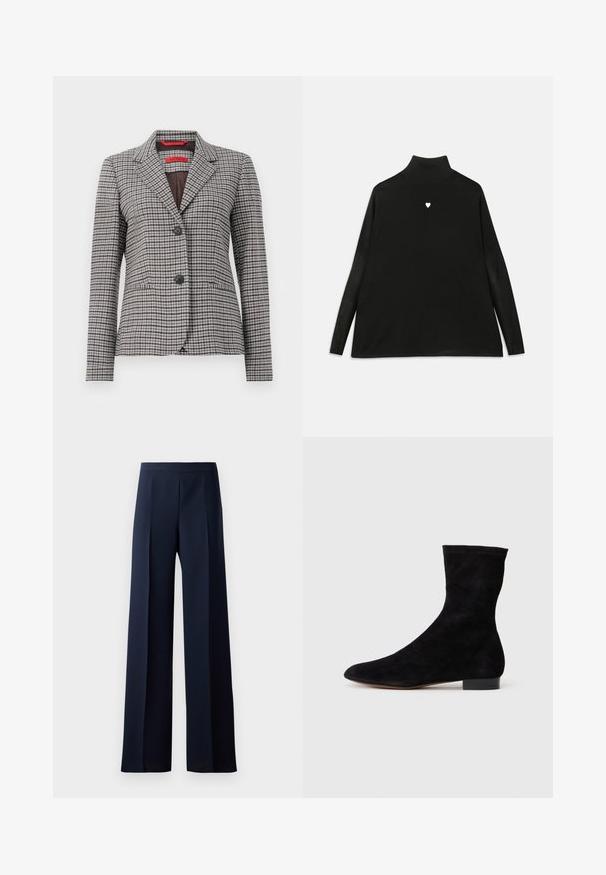 Brown and gray checkered blazer made of textured fabric, featuring a notched collar, two-button closure, and two front pockets.; Black turtleneck sweater with long sleeves, featuring a small white heart emblem on the chest. Soft fabric and relaxed fit.; Wide-leg trousers in dark navy fabric, featuring a smooth texture, subtle front pleats, and a fitted waistband for a streamlined silhouette.; Black suede ankle boot with a fitted shaft, pointed toe, and a low block heel. Smooth texture and minimalistic design, suitable for versatile styling.