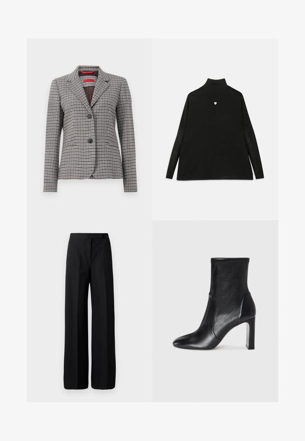 Blazer à carreaux marron et gris en tissu texturé, avec un col cranté, une fermeture à deux boutons et deux poches avant.; Pull noir à col roulé avec manches longues, arborant un petit embleme en forme de cœur blanc sur la poitrine. Tissu doux et coupe décontractée.; Pantalons noirs à jambe large avec une texture lisse et mate. Ceinture plate sans matériel ni motifs visibles. Design simple et élégant.; Bottine en cuir noir avec un design épuré, bout pointu et un haut talon carré. Présente une texture lisse et des détails de couture minimalistes.