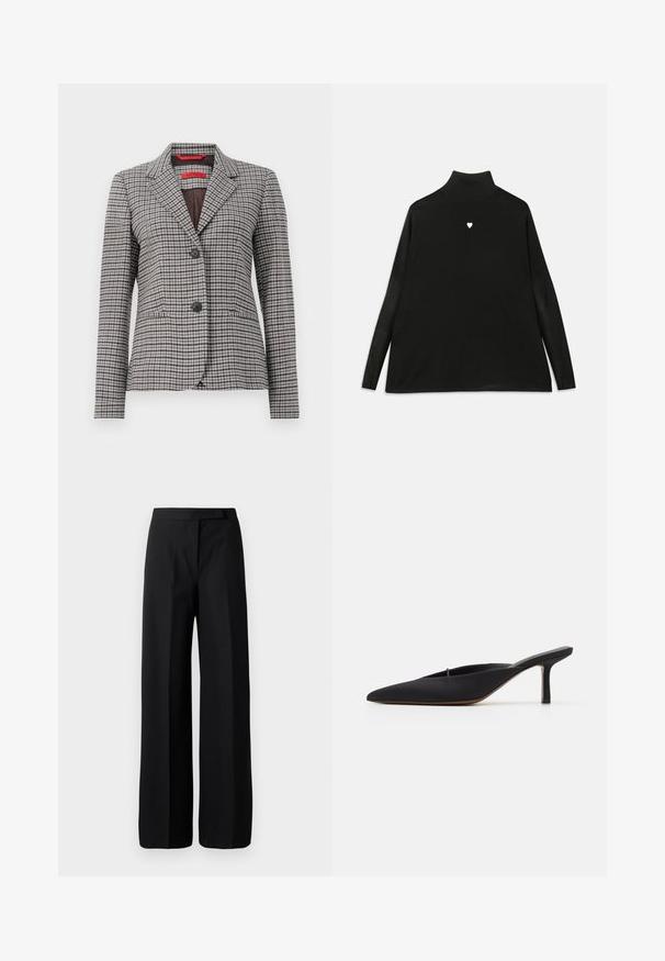 Bruin en grijs geruit blazer van textuurstof, met een notch-kraag, sluiting met twee knopen en twee voorzakken.; Zwart coltrui met lange mouwen, voorzien van een klein wit hartembleem op de borst. Zacht materiaal en een ontspannen pasvorm.; Wijde zwarte broek met een gladde, matte textuur. Plat tailleband zonder zichtbare hardware of patronen. Eenvoudig en elegant ontwerp.; Zwarte muiltje met spitse neus en een strak ontwerp, gemaakt van gladde stof, met een slanke hak en open achterkant voor gemakkelijk aan- en uittrekken.