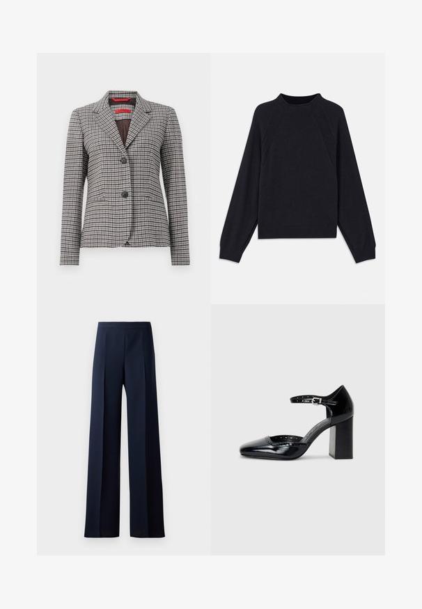 Blazer a scacchi marrone e grigio realizzato in tessuto testurizzato, dotato di colletto a vista, chiusura a due bottoni e due tasche frontali.; Maglione blu scuro con scollatura rotonda, maniche lunghe a raglan, polsini a coste e orlo dritto. Realizzato in un morbido materiale a maglia testurizzato.; Pantaloni a gamba larga in tessuto blu scuro, con una texture liscia, pieghe frontali sottili e una vita aderente per una silhouette slanciata.; Scarpe col tacco alto in pelle verniciata nera con punta quadrata, cinturino alla caviglia e tacco chunky. Include dettagli perforati lungo il bordo.