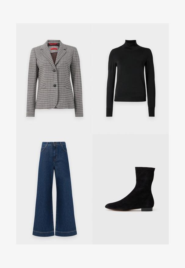 Sacou cu carouri maro și gri, realizat dintr-un material texturat, având guler cu vârfuri, închidere cu două nasturi și două buzunare frontale.; Pulover negru cu mânecă lungă și guler tip colier, cu manșete și tiv cu elastic, expus pe un fundal alb simplu.; Jeans din denim albastru cu picioare largi și talie înaltă, având închidere cu buton, bucle pentru curea și detalii discrete de cusut pe buzunare și la tivuri.; Cizme scurte din suede negre, cu un știft ajustat, vârful ascuțit și un toc mic, pătrat. Textură netedă și design minimalist, potrivite pentru un stil versatil.