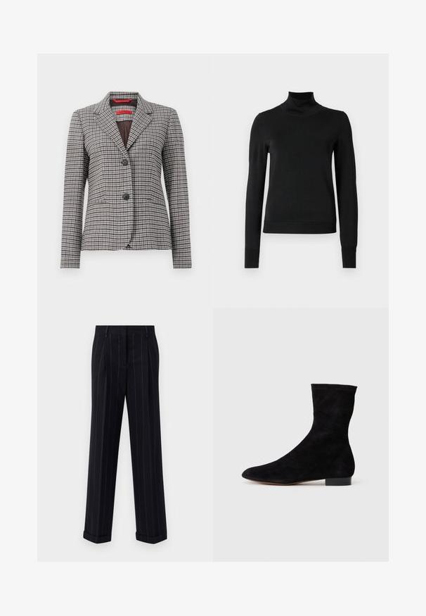 Bruin en grijs geruit blazer van textuurstof, met een notch-kraag, sluiting met twee knopen en twee voorzakken.; Zwarte trui met lange mouwen en col, voorzien van geribde manchetten en zoom, weergegeven op een effen witte achtergrond.; Zwarte broek met streepjes in een getailleerde pasvorm, voorzien van een omgeslagen zoom en voorplooien. Gemaakt van een gladde stof met een gestructureerd ontwerp.; Zwarte suède enkelboot met een aansluitende schacht, puntige neus en een lage blokhak. Gladde textuur en minimalistisch ontwerp, geschikt voor veelzijdige styling.