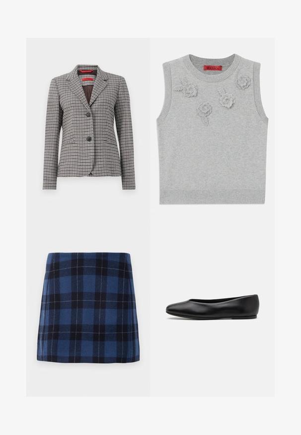Bruin en grijs geruit blazer van textuurstof, met een notch-kraag, sluiting met twee knopen en twee voorzakken.; Lichtgrijze mouwloze trui met een geribbelde halslijn en zoom. Bevat drie textuurrijke bloemapplicaties op de voorkant. Merklabel: MAX&Co.; Geruite mini rok in donkerblauw en marineblauw, gemaakt van een zachte stof met een licht gestructureerde afwerking. Heeft een rechte snit en strakke lijnen.; Paul Smith TOPANGA - Ballerina's - black