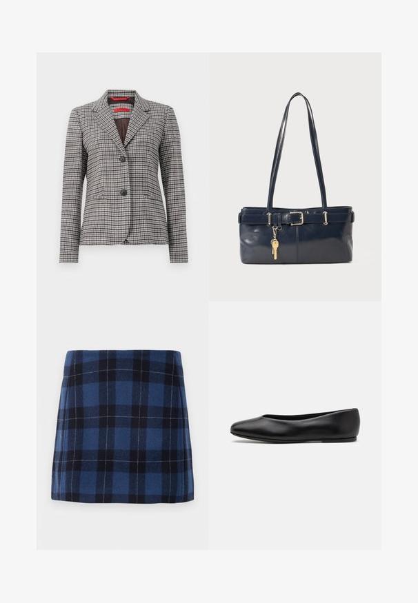 Brun og grå ternet blazer lavet af struktureret stof, med en notched krave, to-knaps lukning og to forlommer.; Lys grå ærmeløs sweater med ribbet halsudskæring og kant. Har tre strukturerede blomsterapplikationer foran. Mærke: MAX&Co.; Rutet mini nederdel i mørkeblå og marineblå, lavet af blødt stof med en let tekstureret overflade. Har en lige skæring og rene linjer.; Paul Smith TOPANGA - Ballerinasko - black; Mørkeblå læderhåndtaske med to lange håndtag, en spænde detaljer og en nøglering vedhæftet. Den har en glat tekstur og en rektangulær form.