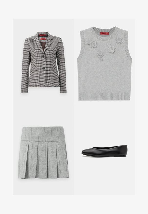 Brązowa i szara marynarka w kratę wykonana z teksturowanej tkaniny, z wykładanym kołnierzem, zapięciem na dwa guziki oraz dwiema przednimi kieszeniami.; Jasnoszary bezrękawnik z ribbowym dekoltem i dołem. Posiada trzy teksturowane aplikacje kwiatowe z przodu. Metka marki: MAX&Co.; Szara plisowana spódnica z tkaniny w wzór rybiej ości; posiada ustrukturyzowany pas i prosty krój na dole.; Paul Smith TOPANGA czarny