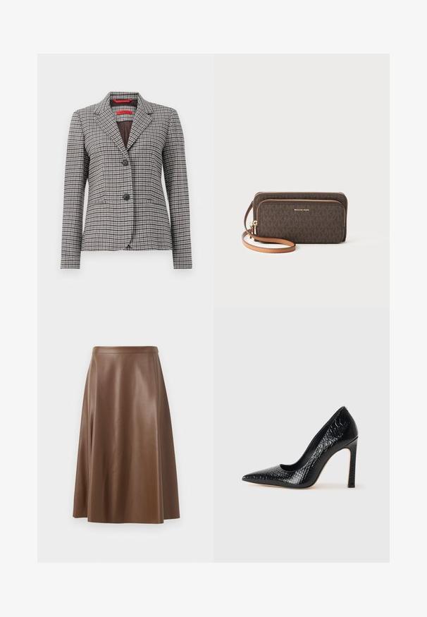 Sacou cu carouri maro și gri, realizat dintr-un material texturat, având guler cu vârfuri, închidere cu două nasturi și două buzunare frontale.; Top negru fără mâneci, cu bretele subțiri, fabricat dintr-un material ribat, având o tăietură dreaptă și o etichetă la gât cu textul "IVY OAK."; Fustă A-line din piele maro, cu o textură netedă și un tiv de lungime medie. Prezintă un talie ajustată și o ușoară evazare de la șolduri.; Pantofii cu toc înalt, ascuțiți, de culoare neagră, cu textură de piele de crocodil, având un design elegant, toc în stil stiletto și interior neted de culoare neagră.; Portofel cu model maro, cu închidere cu fermoar, accesorii aurii și o curea detașabilă bej. Prezintă logo-ul "MICHAEL KORS" pe față.