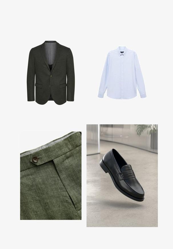 Sacou verde închis dintr-un material texturat, cu rever în notch, două buzunare frontale și închidere cu două butoane. Interior căptușit vizibil.; Cămașă cu mâneci lungi de un albastru deschis, cu guler clasic, tiv drept și o textură subtilă. Prezintă un închidere centrală cu nasturi.; Pantaloni din in de culoare verde măslin, cu pliu frontal, dotati cu închidere cu nasture și căptușeală cu un model în carouri contrastant la talie.; Mocasini negri din piele cu textură fină, vârf ascuțit și o curea decorativă peste laba piciorului. Talpă ușoară, design minimalist.