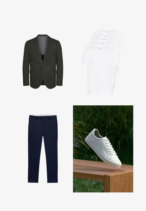 Blazer verde scuro realizzato in tessuto testurizzato, con rever a punte, due tasche frontali e chiusura a due bottoni. Interno foderato visibile.; T-shirt bianchi a maniche corte impilati, realizzati in cotone. Presentano un collo rotondo e un taglio dritto. Il tessuto appare liscio senza pattern.; Pantaloni blu navy con vestibilità slim e motivo a righe sottili. Presentano una chiusura con zip, passanti per cintura e tasche frontali. Tessuto dalla texture liscia.; Sneaker bianco con lacci sospeso sopra una panchina di legno, con fogliame verde sullo sfondo, che mette in mostra il design e la texture della scarpa.