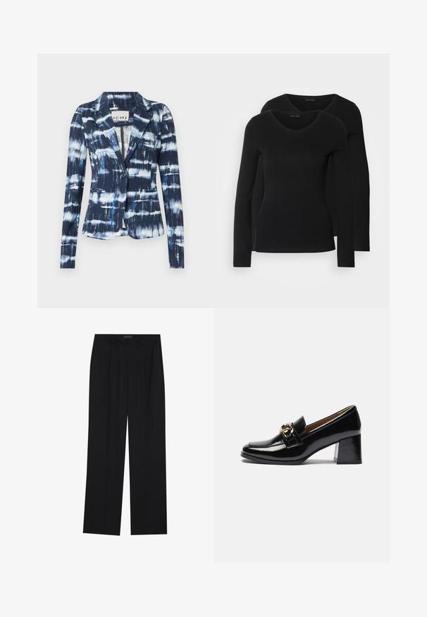 Granatowa marynarka z wzorem tie-dye w jasnoniebieskie i białe smugi, zapinana na jeden guzik, z dwiema przednimi kieszeniami.; Dwie czarne koszule z długim rękawem o designie w kształcie litery V, wykonane z miękkiego, elastycznego materiału, o gładkiej teksturze i dopasowanym kroju.; Czarne spodnie o prostym kroju nogawek, z dwoma przednimi kieszeniami i paskiem w talii. Wykonane z gładkiego, lekkiego materiału.; Czarne lakierowane loafersy na obcasie z zaokrąglonym noskiem, masywnym obcasem oraz złotym akcentem na przednim pasku.