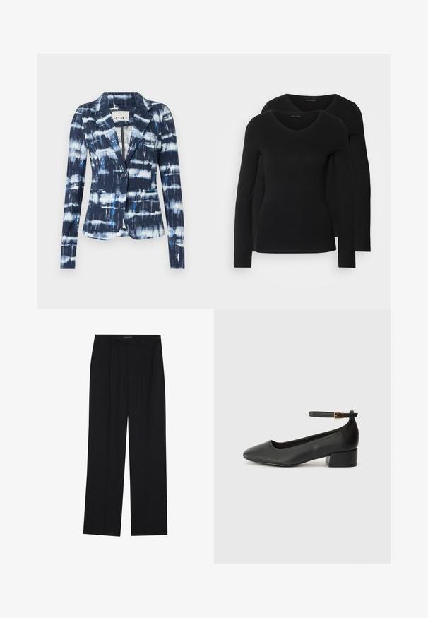 Tamsiai mėlynas švarkas su dažymo technika, kurioje dominuoja šviesiai mėlynos ir baltos juostos, su vienu mygtuku užsegimu ir dviem priekinėmis kišenėmis.; Du į juodas ilgomis rankovėmis marškiniai su V formos iškirpte, pagaminti iš minkštos, tamprios medžiagos, rodantys lygią tekstūrą ir prigludusią formą.; Juodos kelnes su tiesiomis sijonais, turinčios dvi priekinės kišenės ir juosmenį. Pagamintos iš lygios, lengvos medžiagos.; Juodas odinis aukštakulnis batelis su smailiu pirštu ir žemu bloku. Su kulkšnies dirželiu su auksinės spalvos sagtimi. Lygus paviršius.