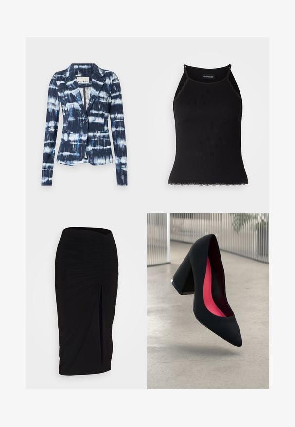 Marineblå blazer med tie-dye mønster, der har lyseblå og hvide striber, enkelt knaplukning og to forlommer.; Sort ribbet tanktop med bølget blondekant forneden. Har tynde stropper og en tætsiddende pasform. Fremstillet af strækbart materiale.; Sort, rynket blyantskørt med bindebånd og en sidelæg. Fremstillet af et strækbart stof, der har en glat overflade og en tætsiddende pasform.; Sort højhælet sko med spids tå, struktureret overflade og et livligt pink interiør. Har en kraftig hæl med sølvdetaljer.
