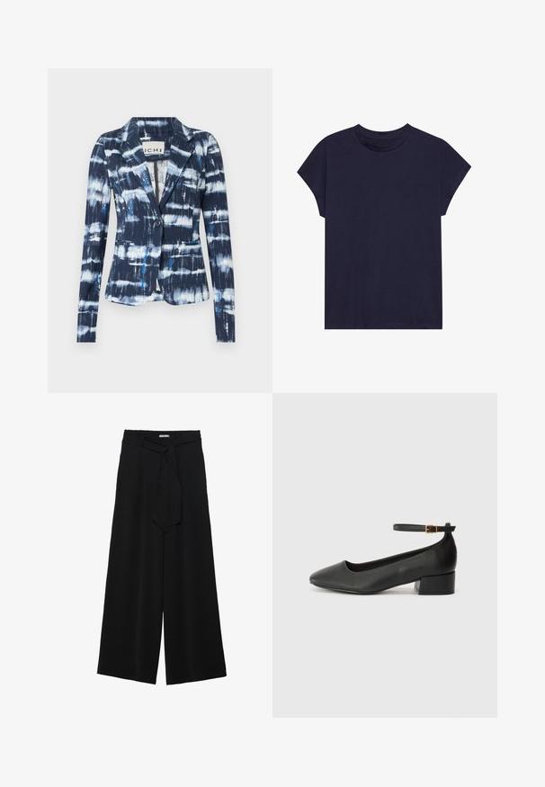 Tummansininen bleiseri, jossa on sitruunaraidallinen värikuvio, jossa on vaaleansinisiä ja valkoisia raitoja, yksinäinen nappisulku ja kaksi etutaskua.; T-paita, jonka väri on laivastonsininen, valmistettu puuvillasta. Pyöreä kaulus ja lyhyet hihat, rento malli ja sileä pinta. Ei kuvioita tai koristeita.; Mustat leveät housut, joissa on teksturoitu kangas, joustava vyötärö ja irrotettava nauha vyötäröllä säädettävää istuvuutta varten.; Mustat nahkakengät, joissa on terävä kärki ja matala lohkare korko. Varustettu nilkkahihnalla, jossa on kultasävyinen solki. Lisää sileä pinta.